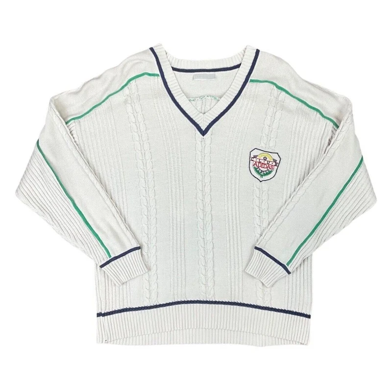 Vintage 80s White Cable Knit Embroidered Club Adidas Cricket Jumper L XL