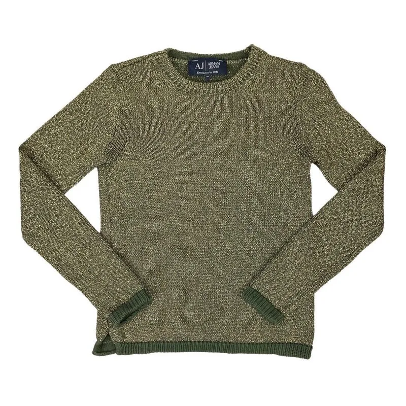 Vintage 90s 00s Khaki Green Gold Armani Jeans Lurex Slim-Fit Knitted Jumper 8