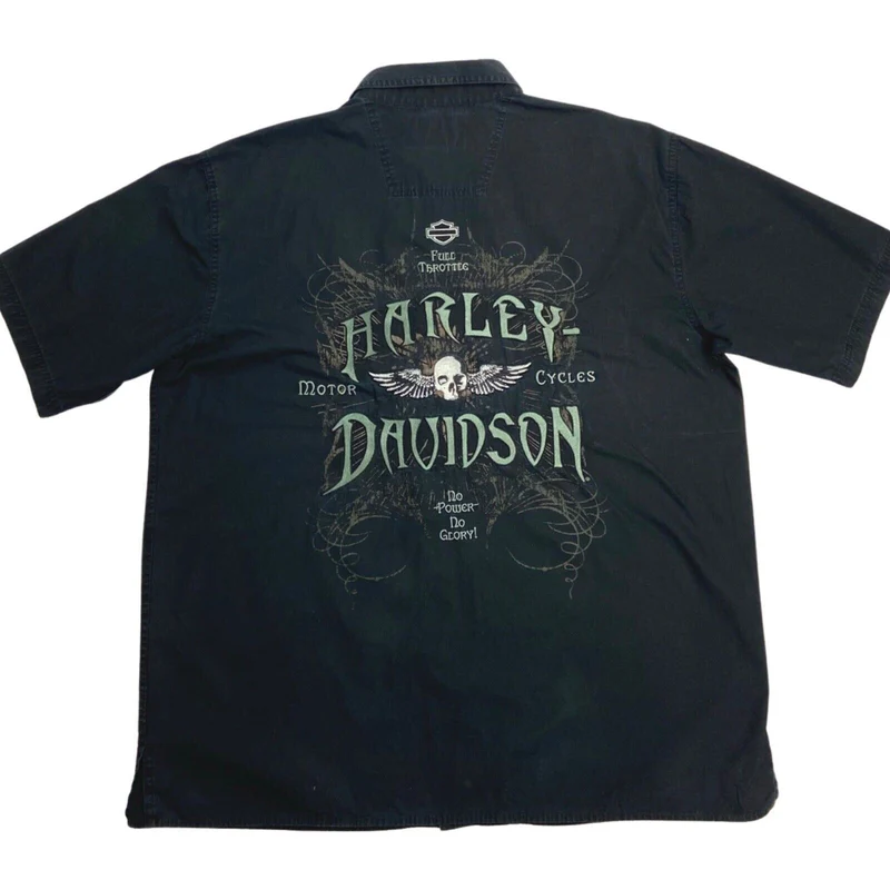 Vintage Y2K Black Harley Davidson Embroidered Skull Shirt XL