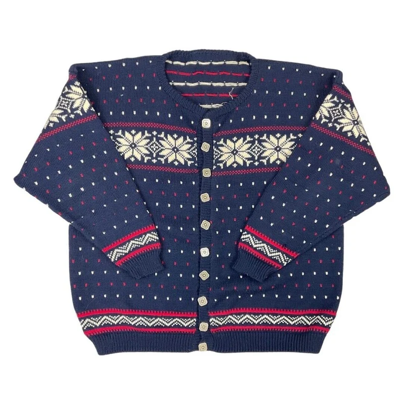 Vintage 80s 90s Blue Scandinavian Norwegian Style Patterned Knit Cardigan 16