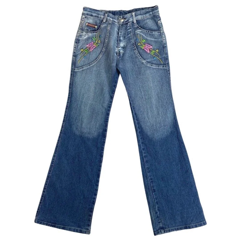 Vintage 90s Y2K Blue Flared Mid Rise Embroidered Jeans 8 S
