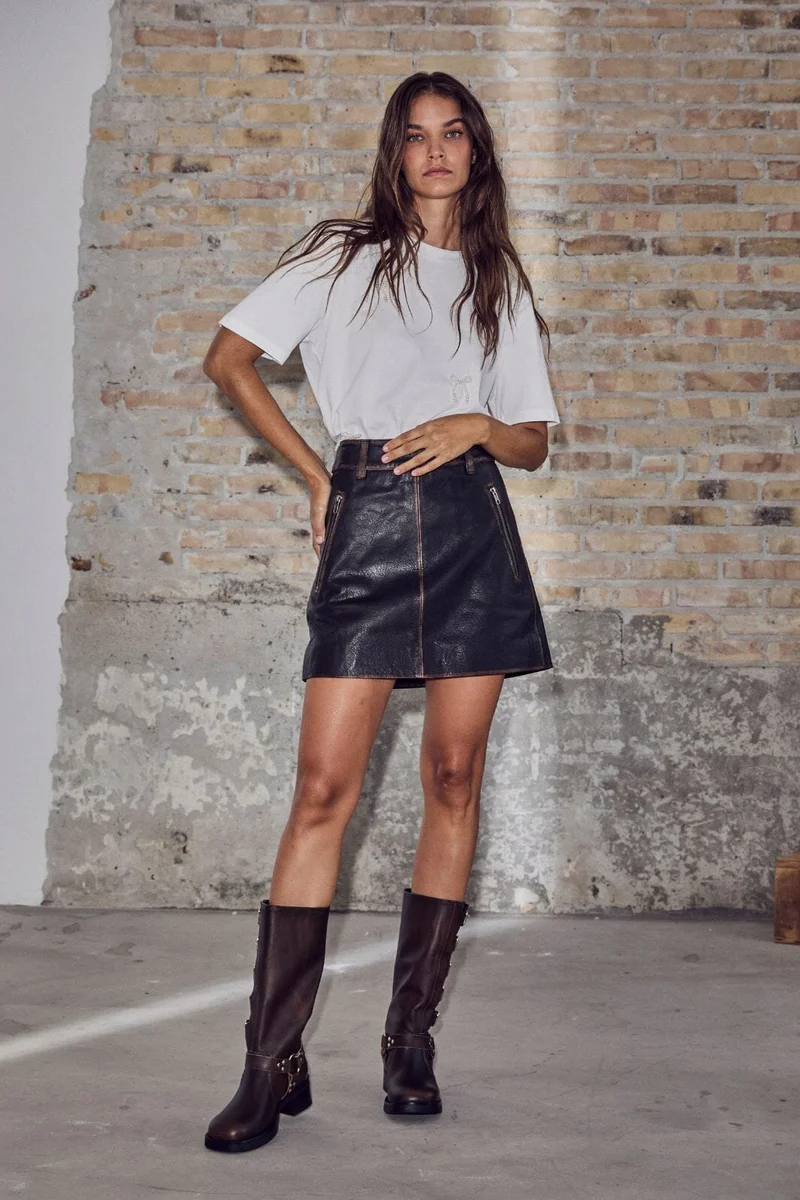 Haute L'Amitié - Used Leather Crop Skirt HL10362 - Mocca