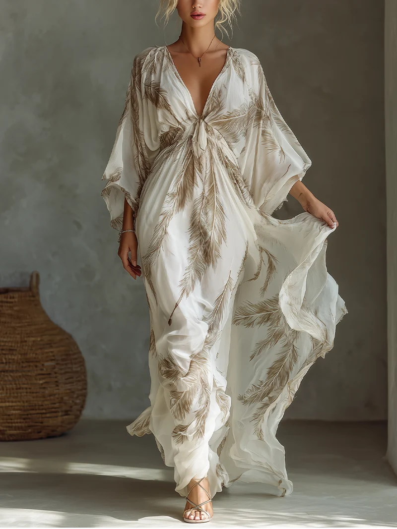 Morrisa - Maxiklänning i chiffon i elfenben och taupe