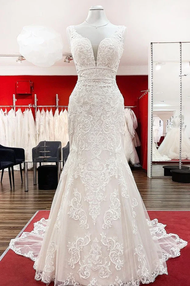Elegant Ärmlös Rygglös Spets Tyll Sjöjungfru Bröllopsklänning för Brud Elegans
