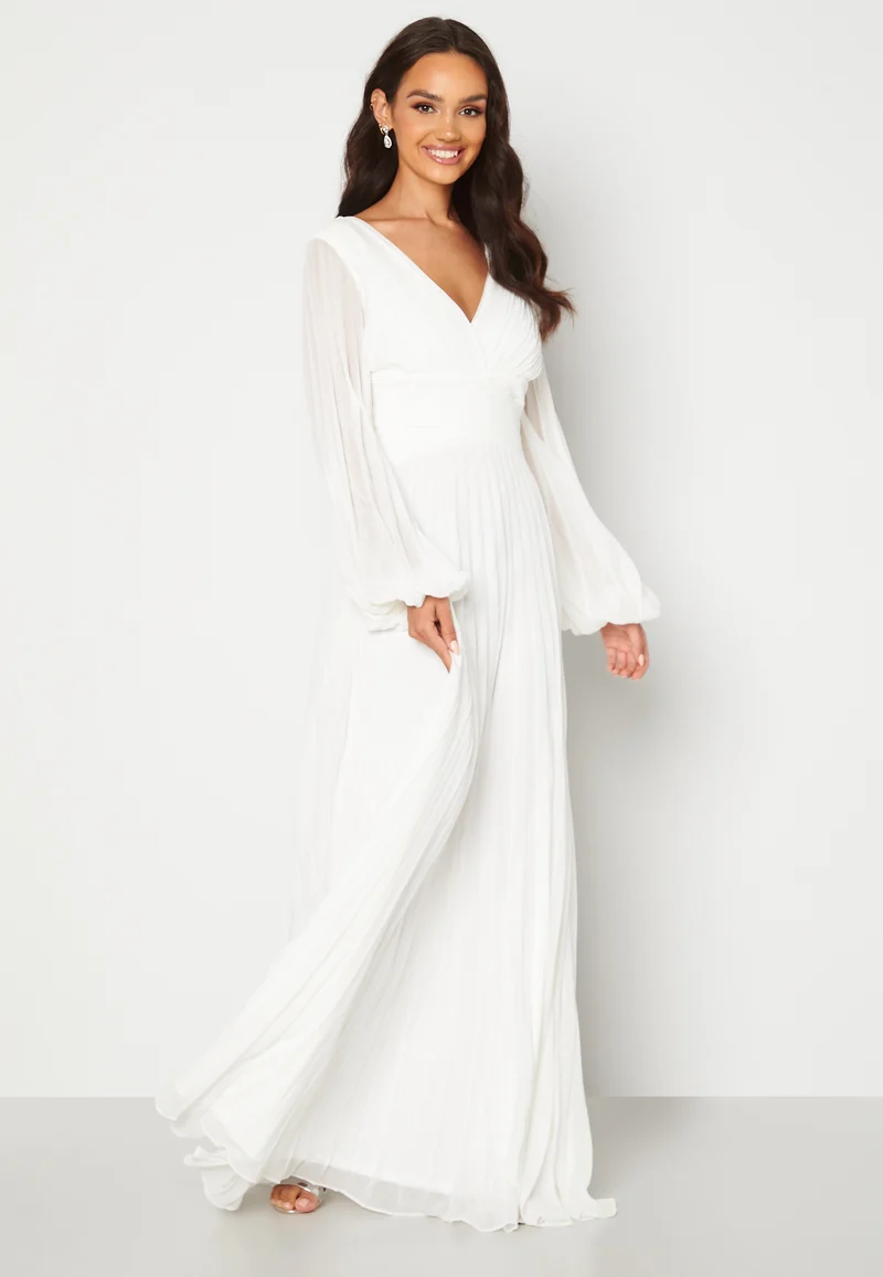 Pleated Balloon Sleeve Maxi Dress White