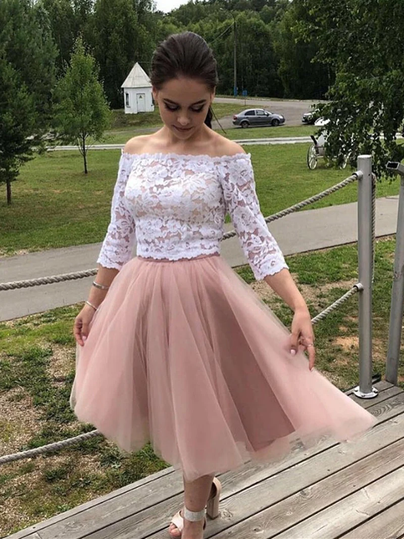 Tvådelad vit spetstopp rosa kort homecomingklänning formell kväll