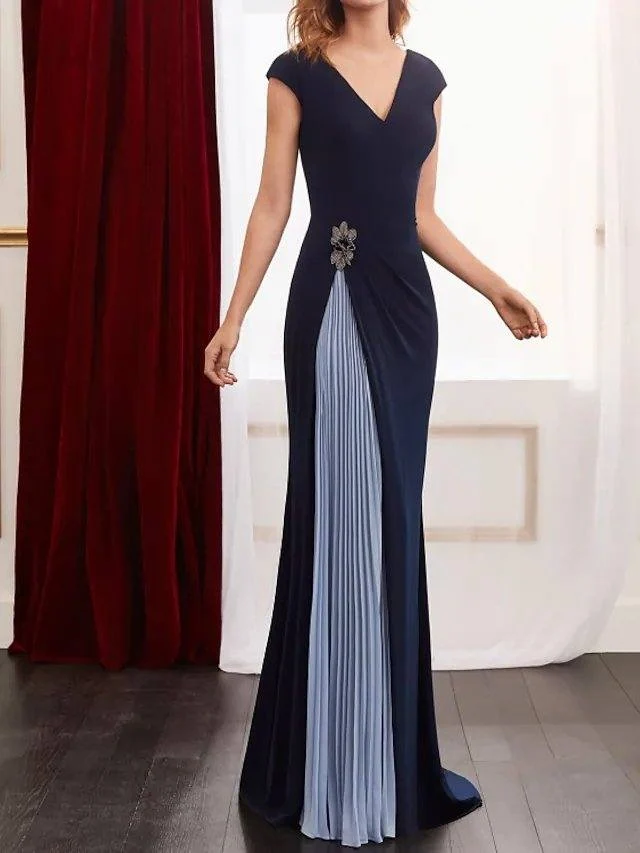 Elegant Färgblock V-ringning Ärmlös Golvlång Spandex Chiffong Plisserad Pärlstavklänning