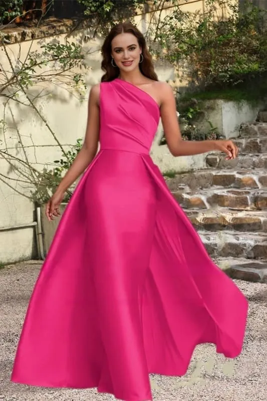 Elegant One-Shoulder Satin Rynkad A-linjeformad Balklänning Lång Aftonklänning