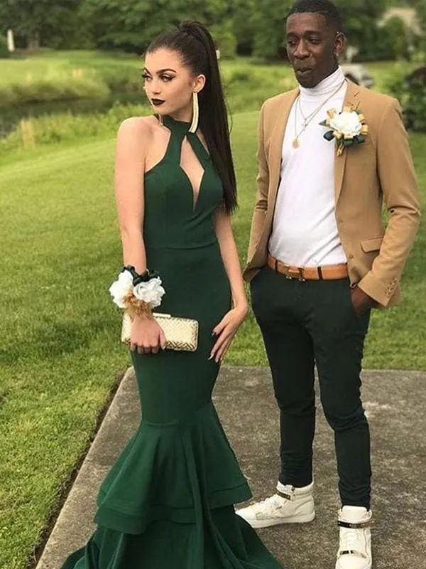 Elegant Halterneck Golvlång Volangklänning i Satin med Sjöjungfrumönster