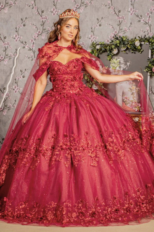 Glitter 3-D Flower Off Shoulder Quinceanera Klänning från Elizabeth K - GL3179
