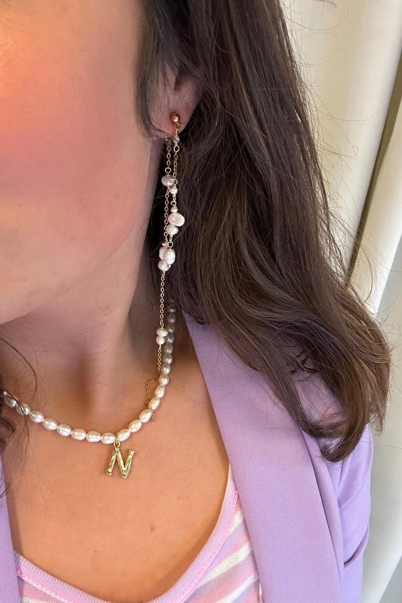 Mellow Moon - Double String Pearl Earring Long - Forgyldt