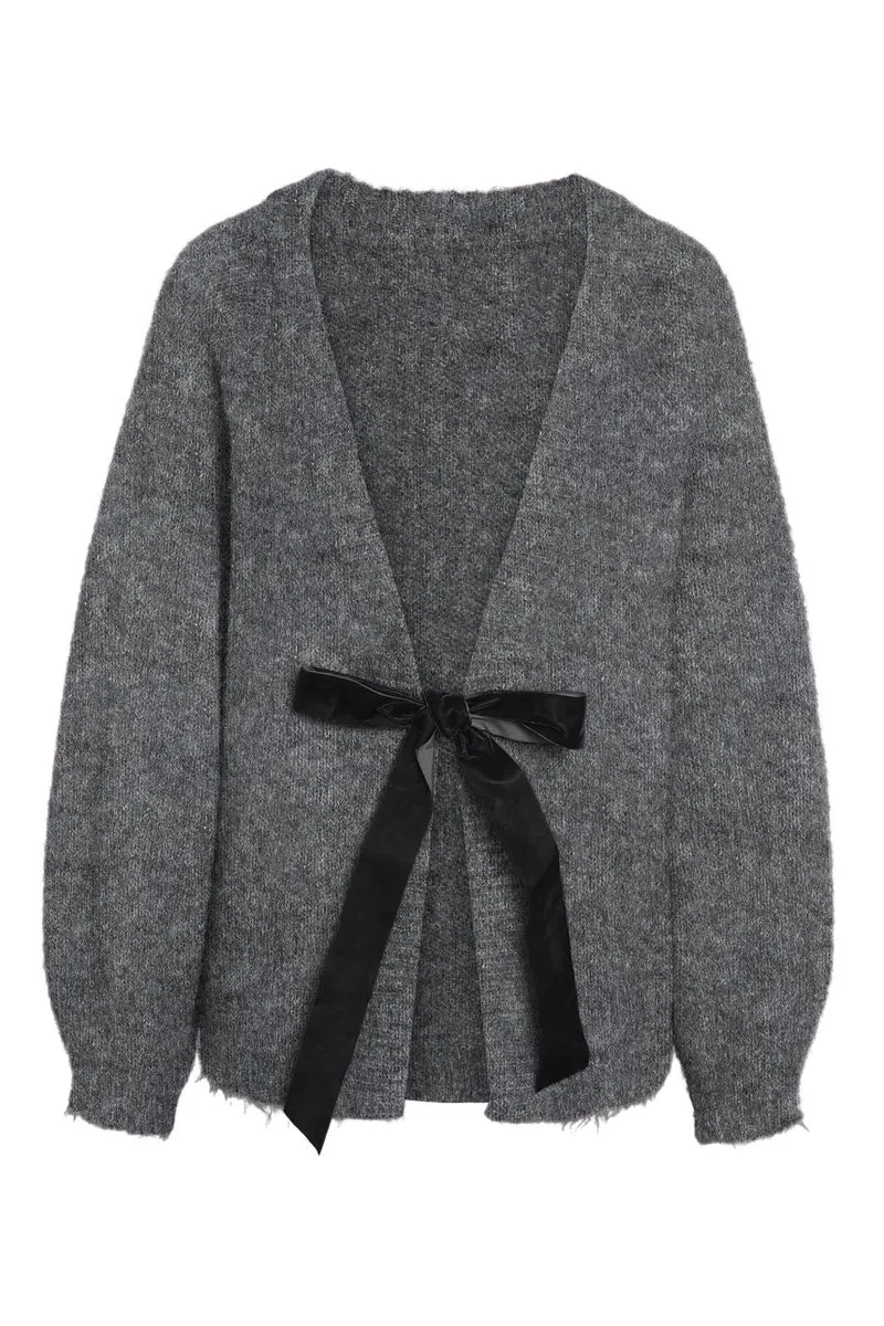 Noisy May - Nmsutton L/S Open Back Tie Knit Fwd - 4945302 Dark Grey Melange Black Velvet Bow