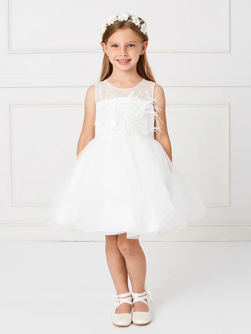 Tjejklänning med underbara 3D-blommor och fjädrar Klänning från TIPTOP KIDS - AS5800