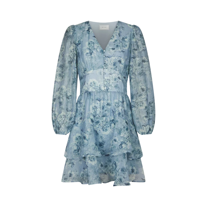 Mabella Crepe Print Dress - Dusty Blue