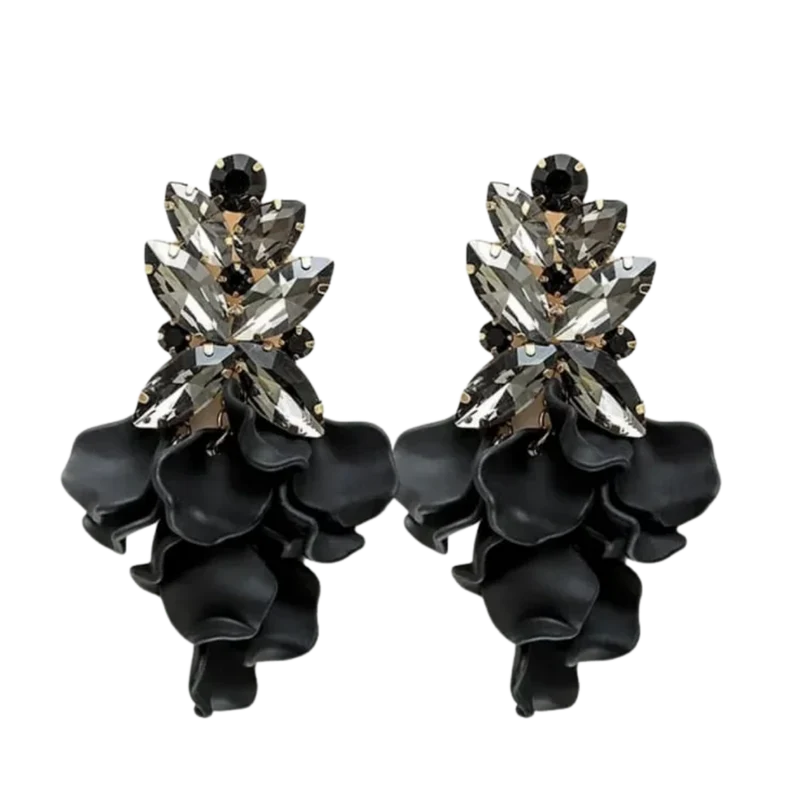 Leaf Big Stone Earrings - Black