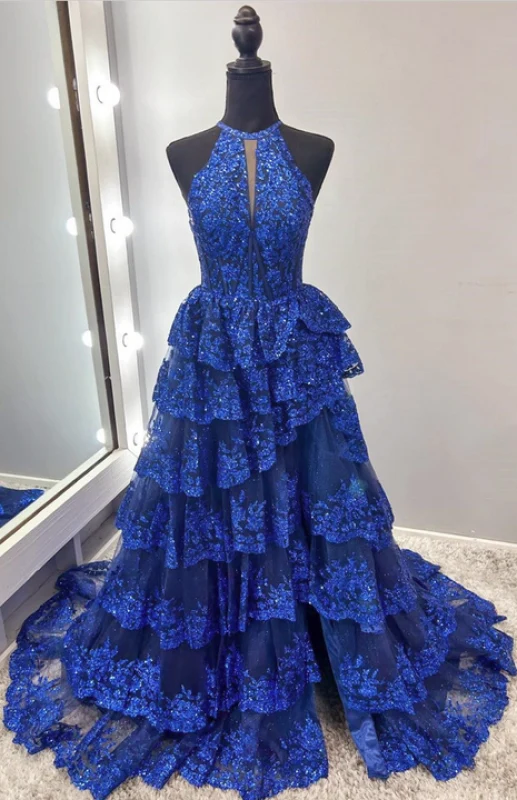 Elegant halterneck tyllpaljett A-linjeformad balklänning med bländande slits framtill