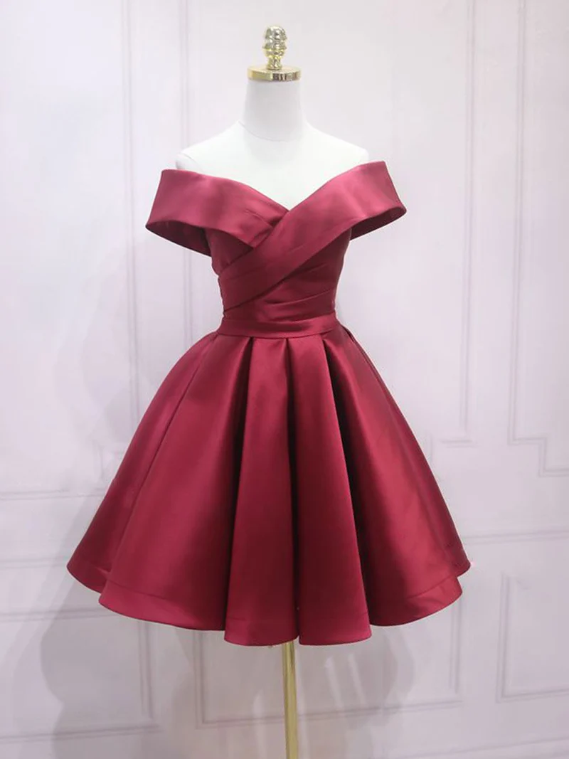 Enkel Satin Off The Shoulder Burgundy Kort Festklänning Formell Klänning