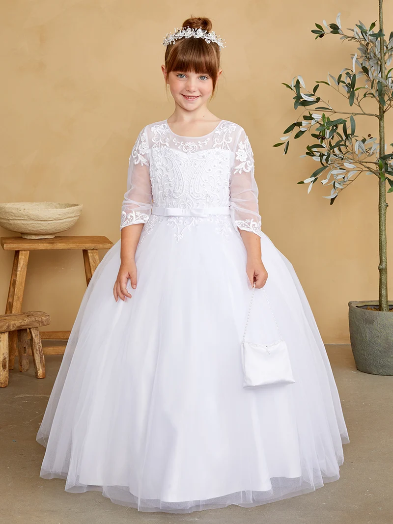Långärmad Flower Girl-klänning med illusionsringning och applikationsklänning från TIPTOP KIDS - AS5830