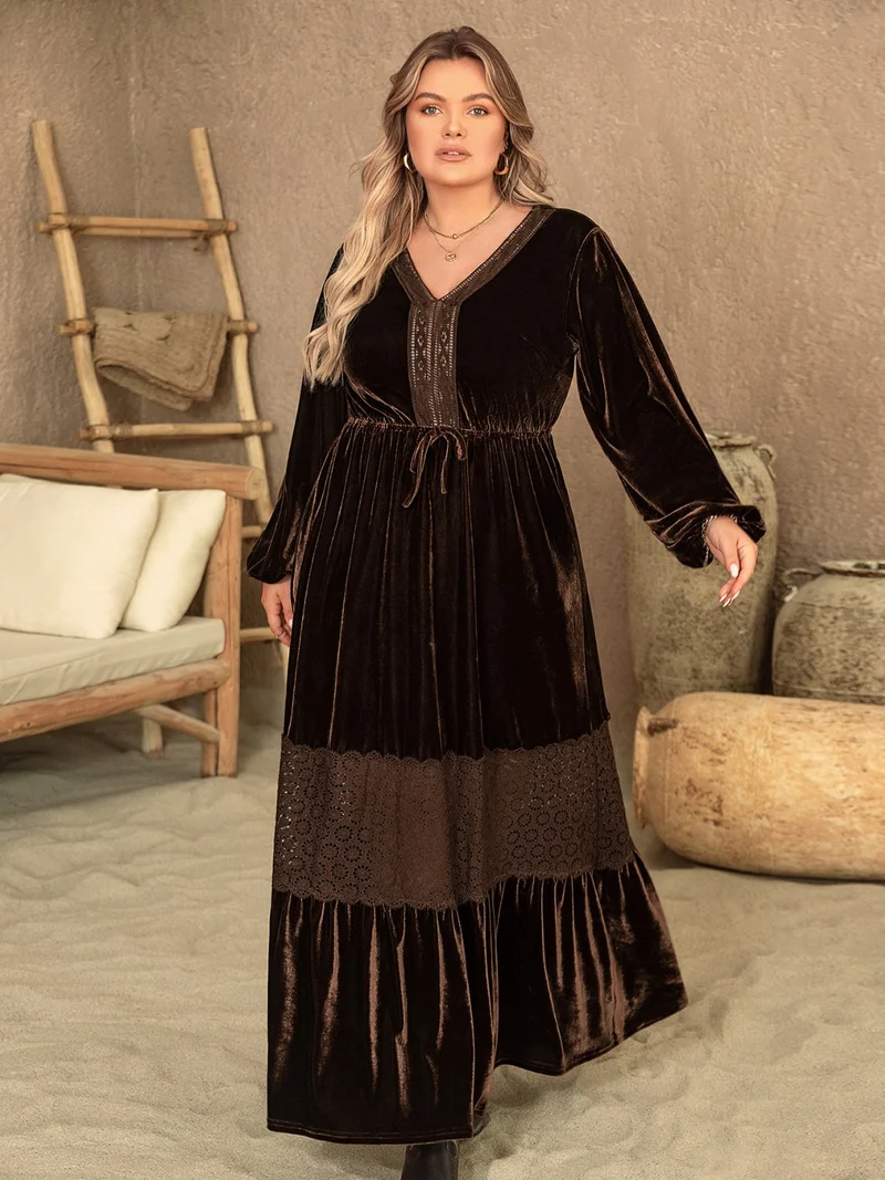 Plus Size V-ringad ballongärm Maxiklänning