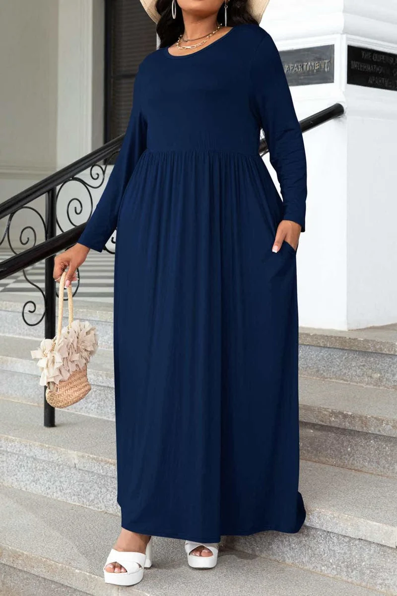 Plus Size Rund Halsad Långärmad Maxiklänning med fickor