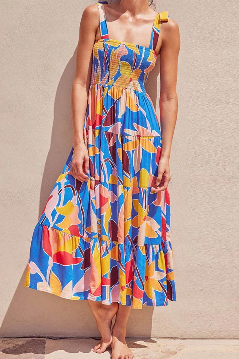 Blommig Tie Shoulder Smocked Tiered Klänning