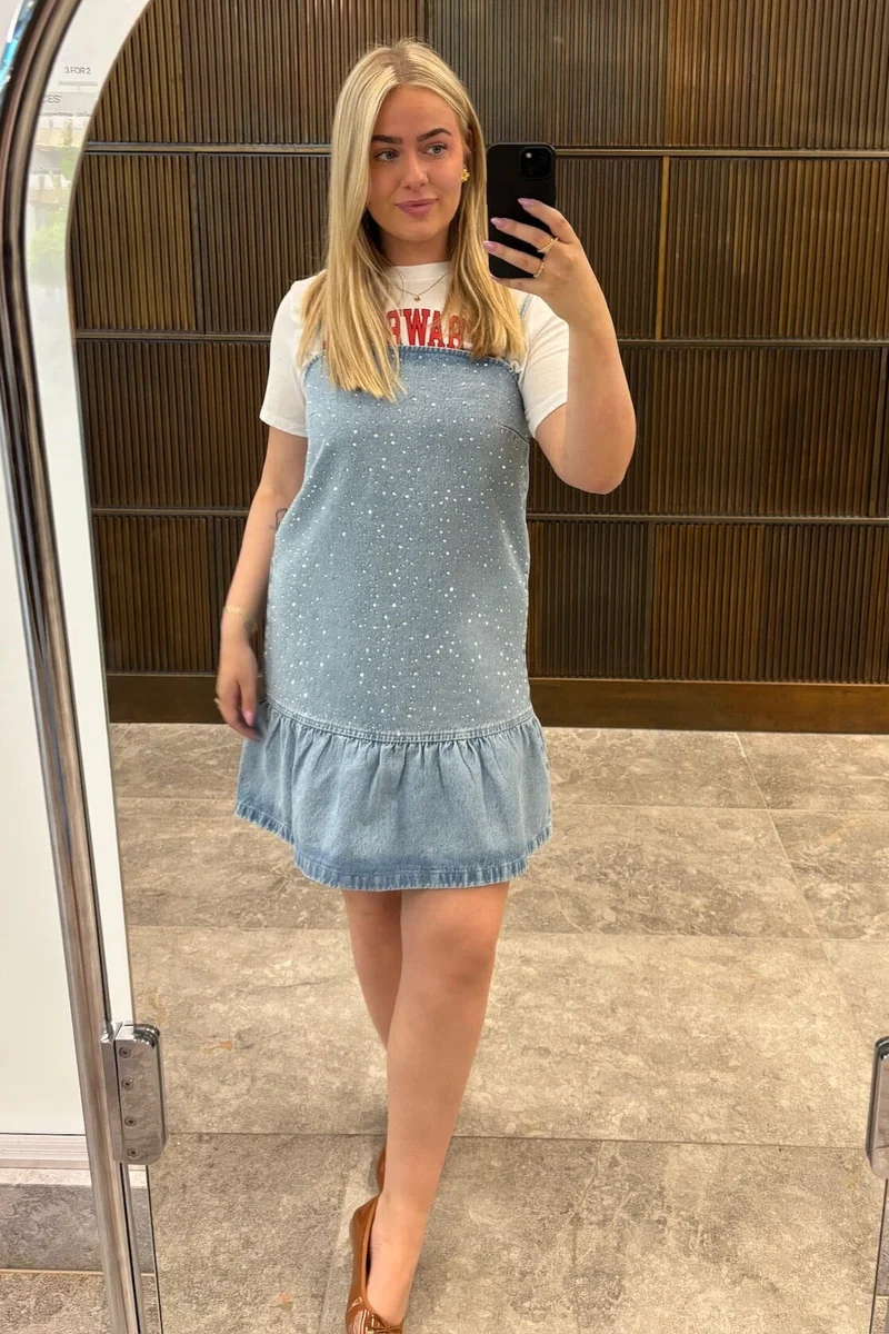 Pieces - Pcnoel Short Slip Denim Dress Fsy - 4936547 Light Blue Denim Rhine Stones
