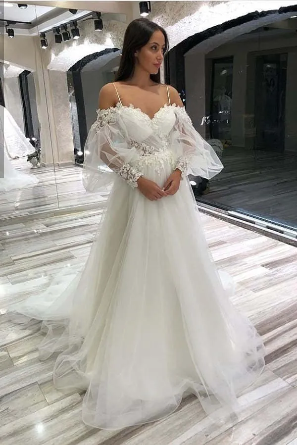 Elegant A-linjeformad Off-Shoulder Långärmad Spets Applikationer Tyll Bröllopsklänning