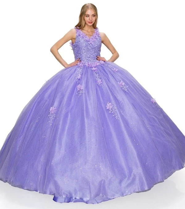 Floral Lace Quinceanera Klänning från Cinderella Couture USA AS8025J-lila
