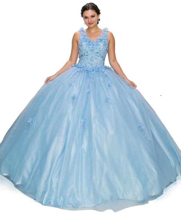 Glitter Tyll Quinceanera Klänning från Cinderella Couture USA AS8025J-blå