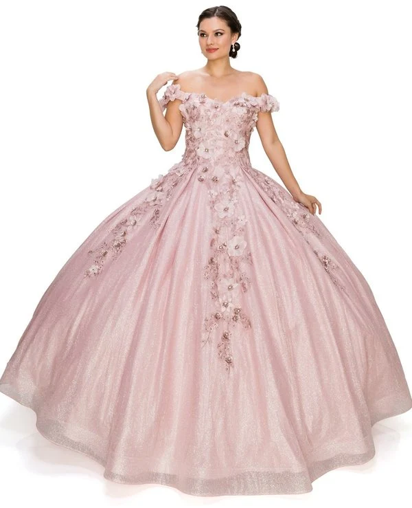 Off the Shoulder Blommig Satin Tyll Quinceanera Klänning från Cinderella Couture USA AS8020J-drose