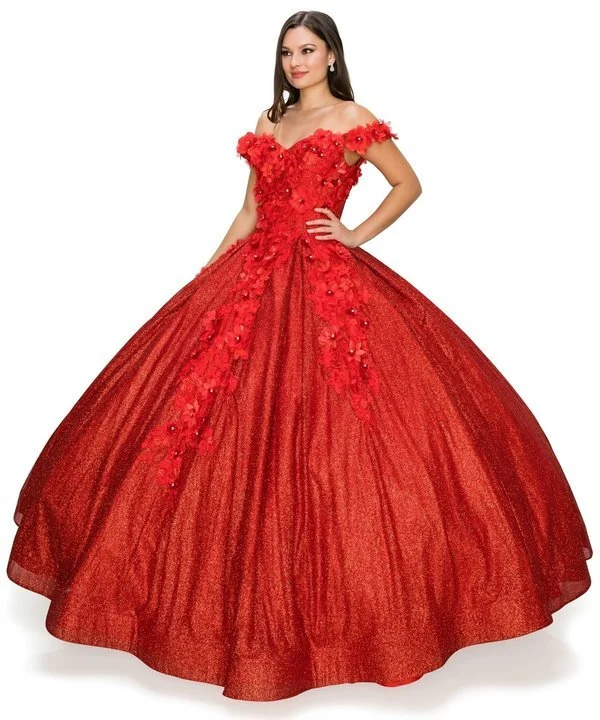 Off the Shoulder blommig Satin Quinceanera Klänning BY Cinderella Couture USA AS8020J-röd