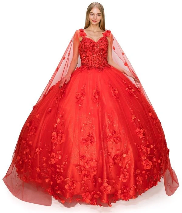 Blommig Tyll Quinceanera Klänning från Cinderella Couture USA AS8030J-röd