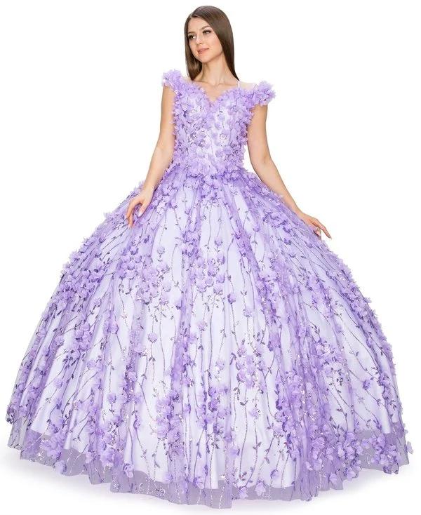 Off the Shoulder Blommig Tyll Quinceanera Klänning från Cinderella Couture USA AS8021J-LIlac