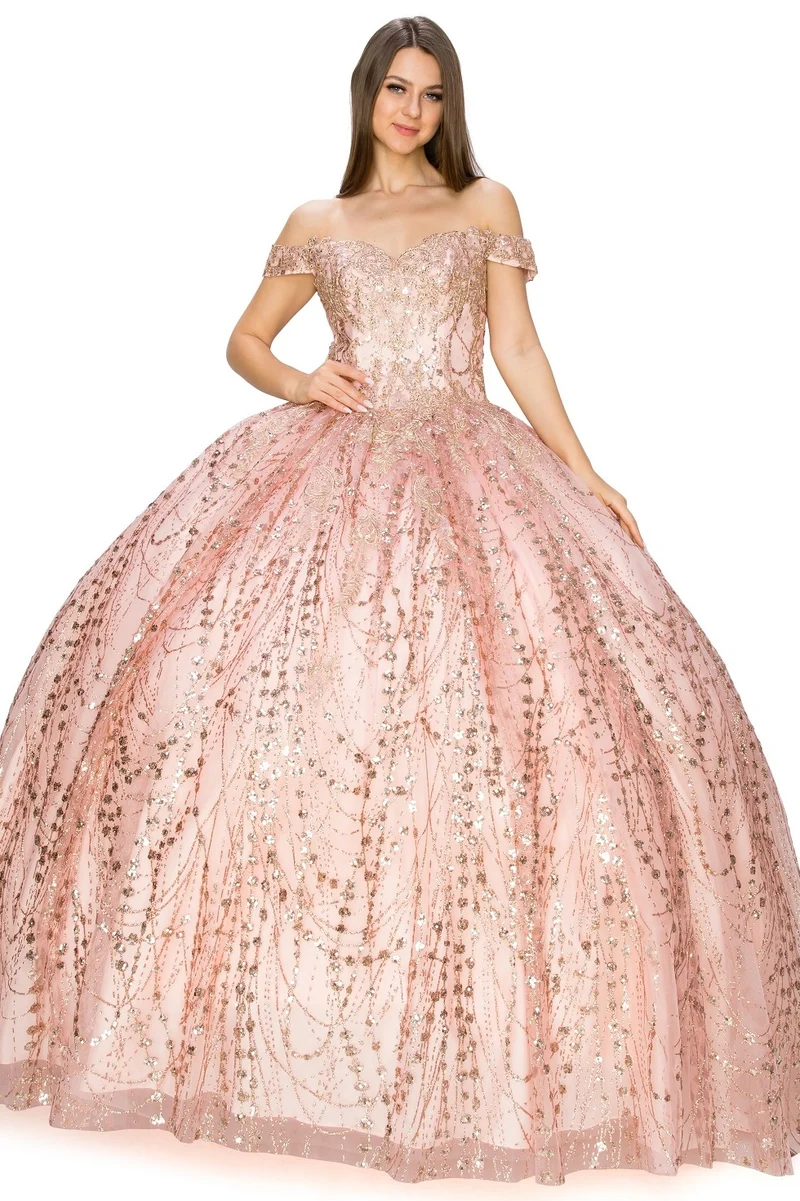 Glitter Tyll Quinceanera Klänning från Cinderella Couture USA AS8033J-ROSE