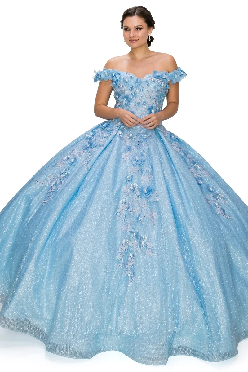 Off the Shoulder Floral Satin Quinceanera Klänning från Cinderella Couture USA AS8020J-Blue