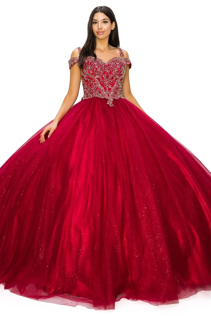 Off the Shoulder Glitter Spets Tyll Quinceanera Klänningar från Cinderella Couture USA AS8028J_BURG
