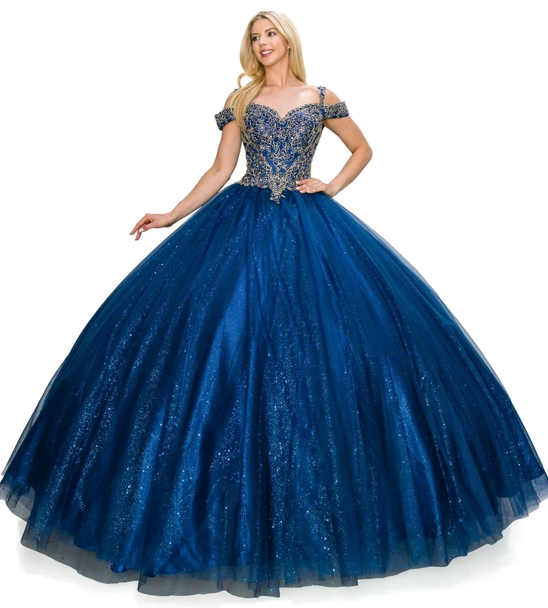 Off the Shoulder Rhinestone Tulle Quinceanera Klänning från Cinderella Couture USA AS8028J_NAV