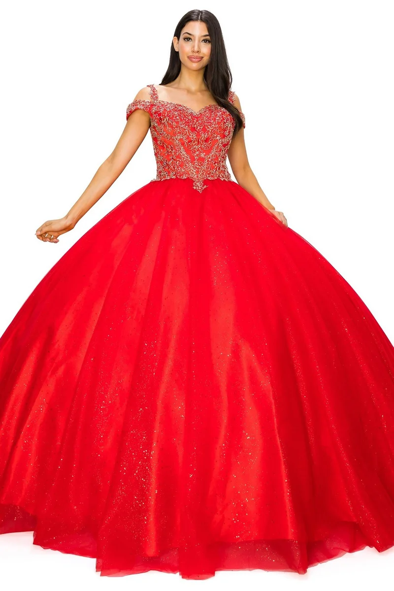 Off the Shoulder Blommig Tyll Spets Quinceanera Klänning från Cinderella Couture USA AS8028J