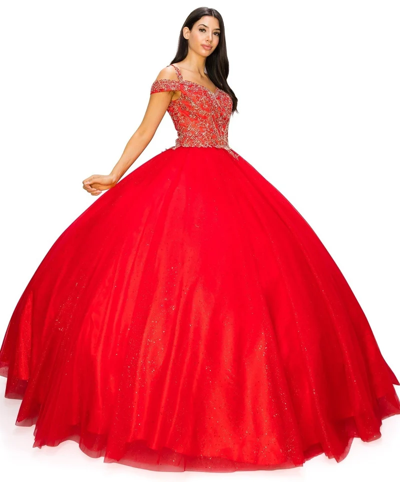 Off the Shoulder Blommig Tyll Spets Quinceanera Klänning från Cinderella Couture USA AS8028J
