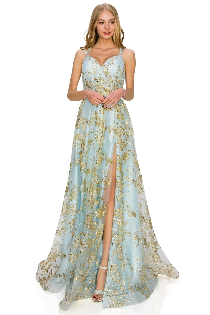 Blommig paljettklänning i A-linje från Cinderella Couture USA AS8022J-blå - Speciellt tillfälle/kurvor