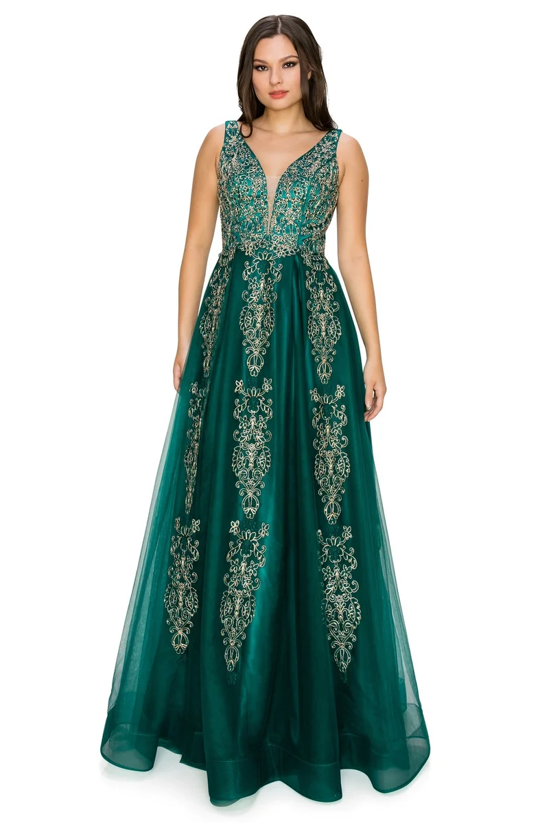 Glitterblommig spets Tyll A-line klänning från Cinderella Couture USA AS8029J-HG- Speciella tillfällen/kurvor