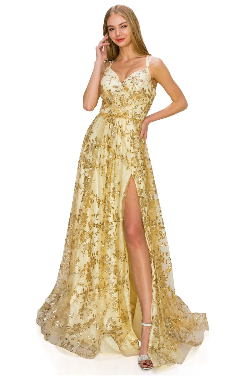 Blommig paljettklänning i A-linje från Cinderella Couture USA AS8022J-CHAM - Speciellt tillfälle/kurvor