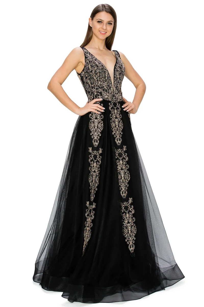 Svart glitterblommig spetsklänning av tyll från Cinderella Couture USA AS8029J-BLK - Speciellt tillfälle/kurvor
