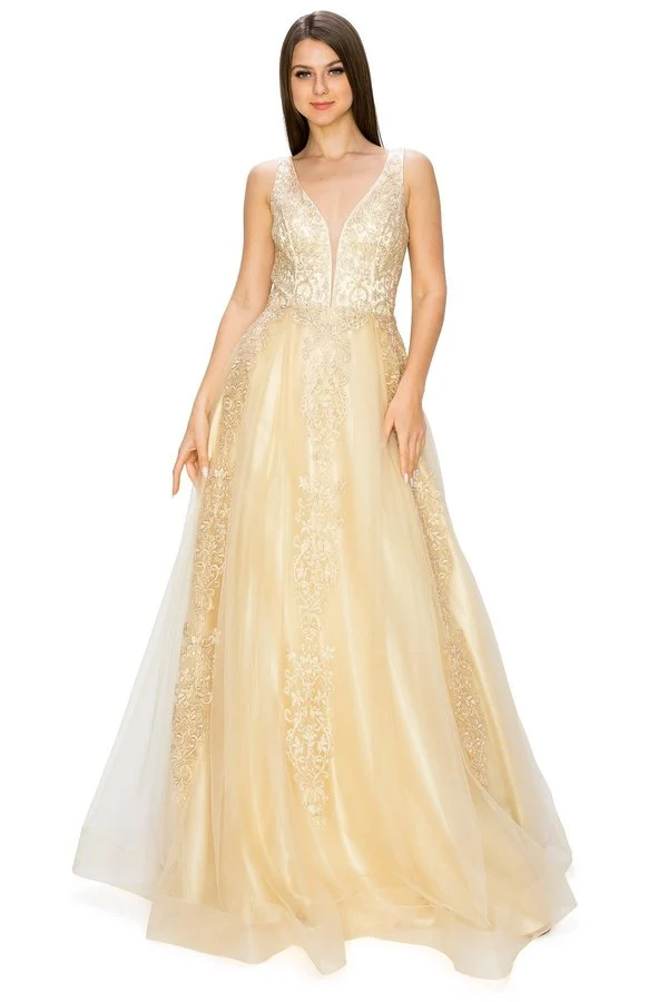 Champagne Glitter Blommor Spets Tyll Klänning från Cinderella Couture USA AS8029J-CHA Spets Tyll Klänning - Speciellt tillfälle/kurvor