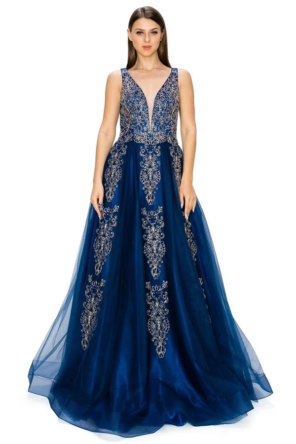 Marinblå blommig glitter tyllklänning från Cinderella Couture USA AS8029J-NAVY - speciella tillfällen/kurvor