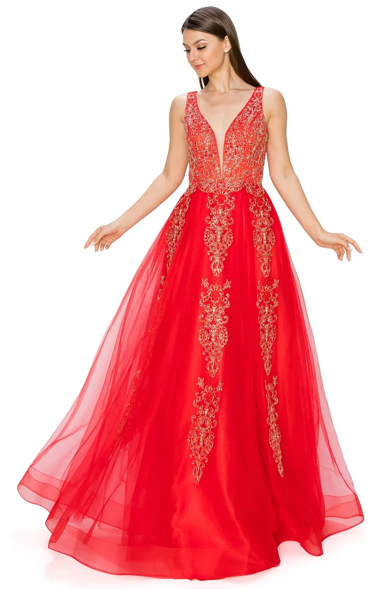 Röd blommig glitter tyllklänning från Cinderella Couture USA AS8029J-RED - speciella tillfällen/kurvor