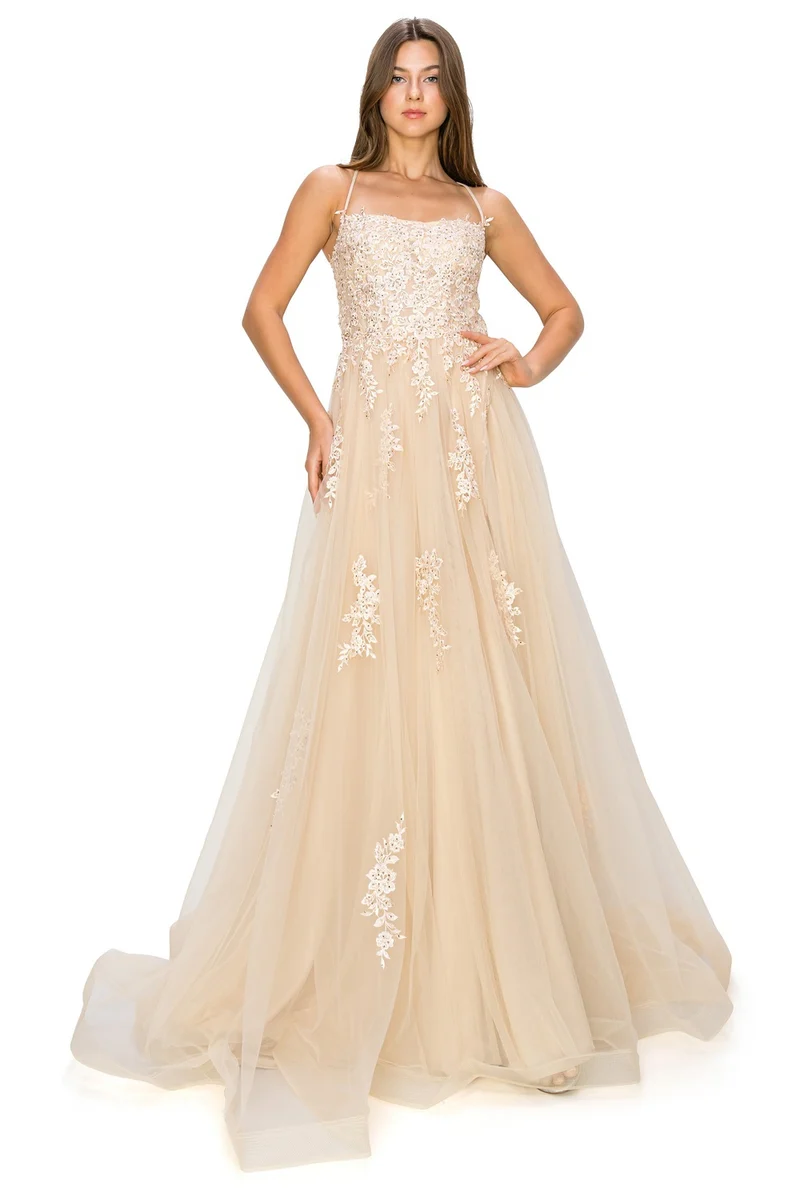 Champagne Spets Applique Tyll A-Line Klänning från Cinderella Couture USA AS8031J-CHA - Speciellt tillfälle/kurvor