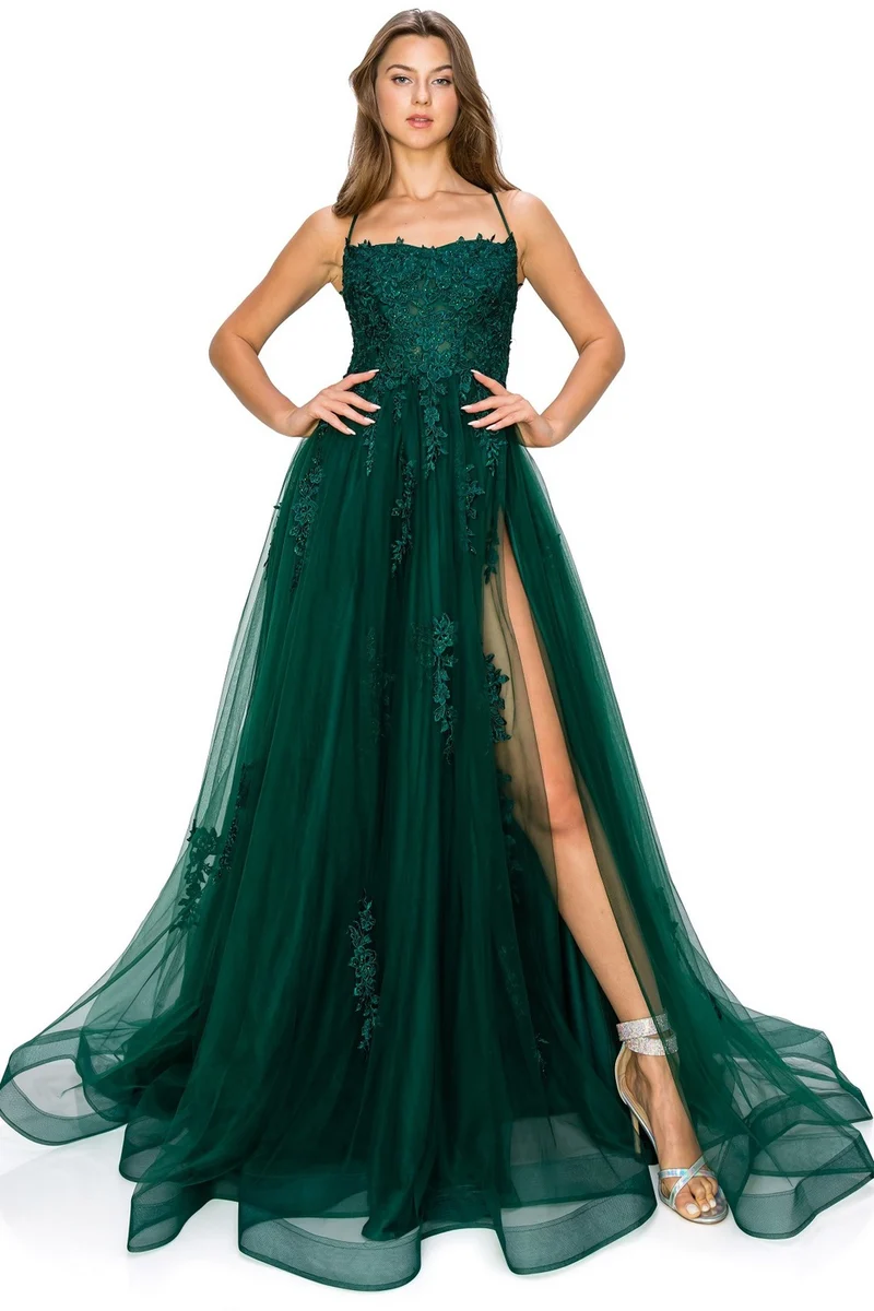 Emerald Lace Applique Tulle A-Line Klänning från Cinderella Couture USA AS8031J-HGreen - Speciellt tillfälle/kurvor