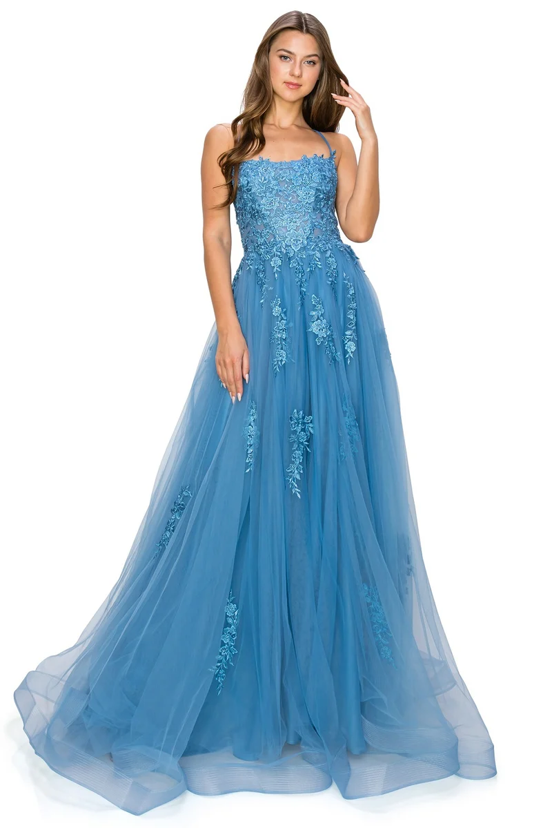 Dusty-Blue Spets Tyll Klänning från Cinderella Couture USA AS8031J-DBlue-Q - Speciella tillfällen/kurvor
