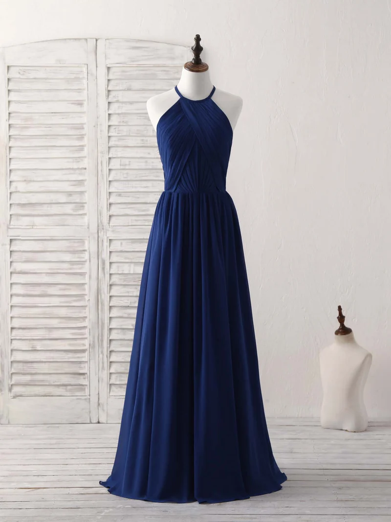 Elegant mörkblå chiffong lång balklänning för brudtärne - enkel och böljande design